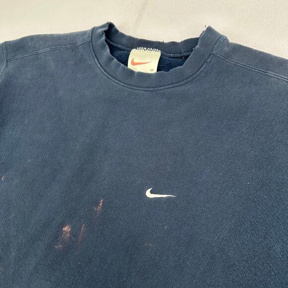 Vintage 90s Mens Navy Blue Embroidered Nike Mini Swoosh Crewneck Sweatshirt Sz M - Picture 2 of 12